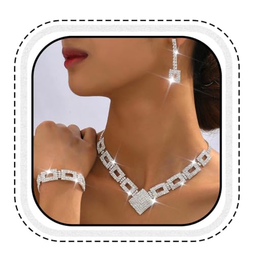 Unicra Crystal Bridal Wedding Jewelry Set Silver Rhinestone Necklace Earrings Bracelet Sets Formal Costume Jewelry for Women and Brides (Silver-3 Pack Necklace Bracelet Earrings)