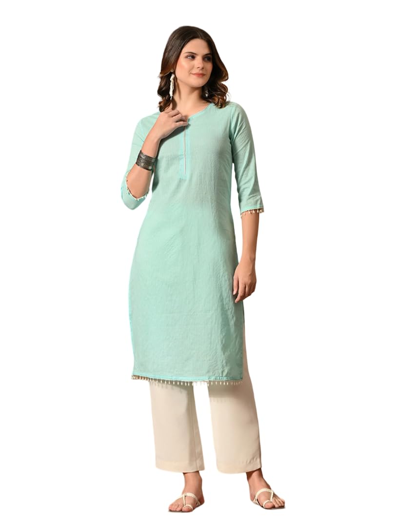 amazon brand - tavasya Women Cotton Katha Straight Kurta | Solid Ethnic Kurti | 3/4 Sleeve Casual & Office Wear |Kurta for Women-picture-29