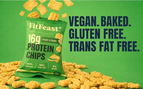 Image of FitFeast Protein Chips - Variety Pack of 6 | 3 x Peri Peri and 3 x Cream Onion | 16g Plant Protien Per 60g Pack | Baked, Not Fried | Multigrain Snacks | As Seen on Shark Tank