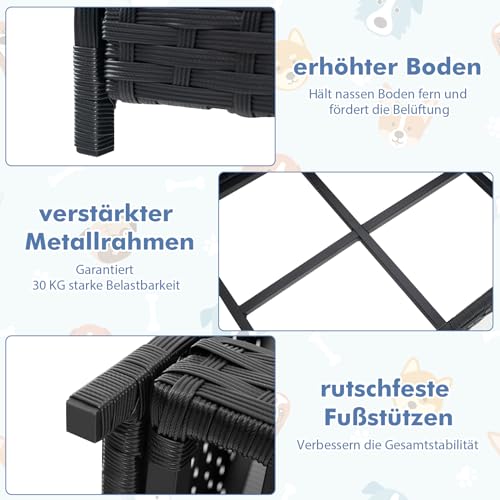 COSTWAY Hundebett aus PE-Rattan, Haustierbett mit abnehmbarem Kissen & waschbarem Bezug, Metallrahmen, erhöhtes Hundesofa für kleine/mittelgroße Hunde, Hundecouch für drinnen draußen, 62x46x25cm