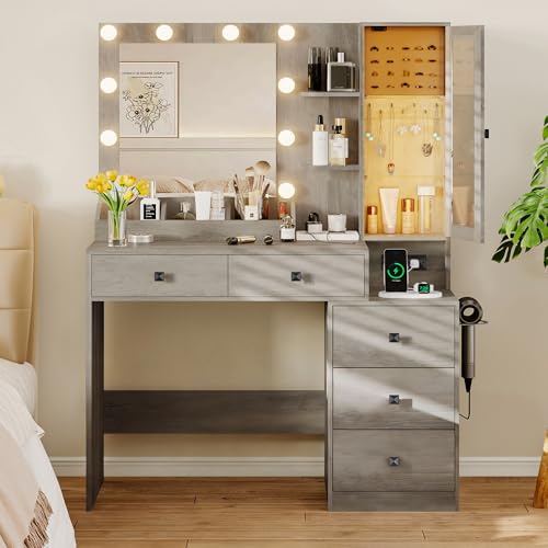 Image of Xixini Vanity Desk with Mirror and Lights, Makeup Vanity Table Set with 5 Storage Drawers, Power Outlet, Small Dressing Table with RGB Ambient Light, Adjustable Brightness for Girls Bedroom, Grey