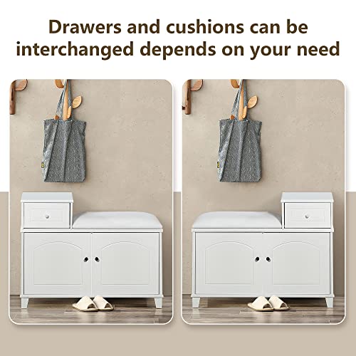 Organizedlife Shoe Storage Bench White & Cushion Seat & Adjustable Shelves & With Drawers, Entryway Furniture #TOP4