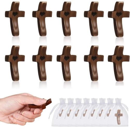 Brevynx Handmade 10Pcs Wooden Cross Fidget Bulk with Organza Bags - Stress Relief Pocket Cross My Heart for Christian Pocket Prayer Cross Religious Easter Day Gifts for Church