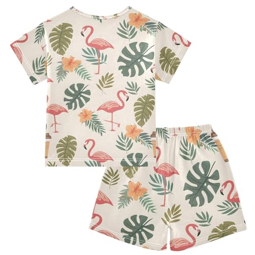 ALAZA Tropical Flamingo Hawaiian Palm Leaves Pajamas Short Sleeve 2 Piece Sleepwear Top and Bottom Pajama Set Unisex2
