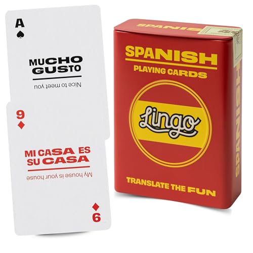 Lingo Baralho de cartas em caixa de lata | Estojo de viagem resistente | Conjunto de jogo de aprendizagem de idiomas com frases úteis | Deck visual divertido para aumentar as habilidades de vocabulário e pronúncia (espanhol)