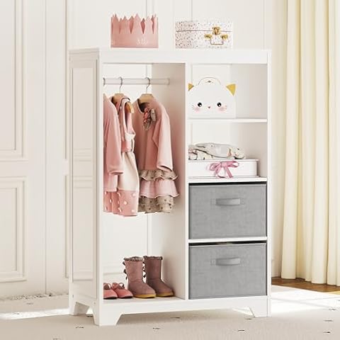 UTEX Kids Dress Up Storage with Full Length Mirror, Kids Armoire with 2 Storage Bins, Opening Hanging Costume Closet Wardrobe for Kids, Pretend Storage Closet Armoire Dresser for Kids Room Cover