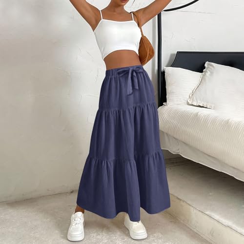 Maxi Skirts for Women Trendy High Waisted Flowy Tiered Linen Skirt Casual Pleated A-Line Beach Long Skirts with Tie4