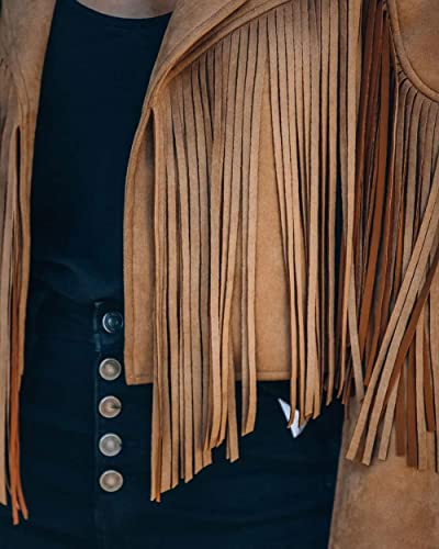 yoeasy Women Faux Suede Leather Tassel Coat Lapel Long Sleeve Motorcycle Short Fringe Jacket4