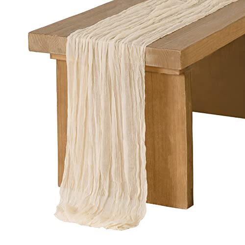 Ling's moment Ivory Cheesecloth Table Runner, 168 Inch 14FT Beige Boho Gauze Rustic Sheer Cream Cheese Cloth Table Runners for Party Wedding Birthday Outdoor Bridal Shower Decor