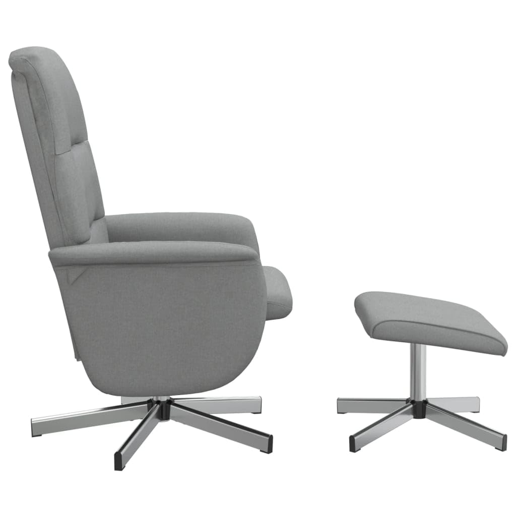 Fotel relaksacyjny z podnóżkiem, jasnoszara tkanina, regulowana, obrotowa, z funkcją leżenia, ergonomicznie wyściełana, do salonu, biura, kącika do czytania, kominka, do