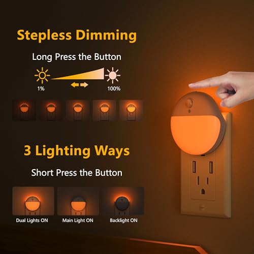 Image of YUNLEX 2 Pack Plug in Sleep Night Light with Motion Sensor and Dusk to Dawn Sensor, 3 Modes, Soft Glow, Stepless Dimming, LED Lights for Bedroom, Sleep, Baby Nursery, Kids, Toddler, Home Decor (Amber)