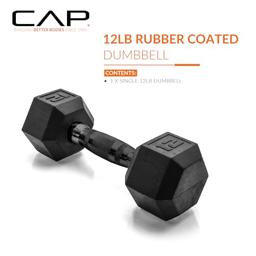 Image of CAP Rubber Coated Dumbbell Weights, Free Weights for Home Gym Strength Training, Anti-Roll Hex Dumbbells with Black, Chrome & Comfort Grip Handles, Singles