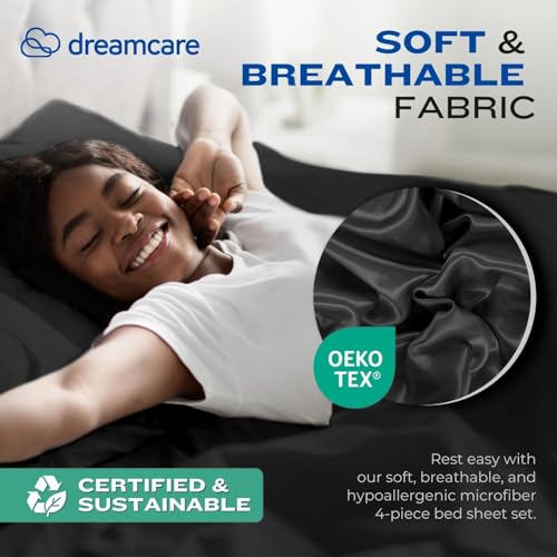 Image of DREAMCARE Queen Sheet Set - 4 pcs Breathable Cooling Sheets - up to 21 inch Extra Deep Pocket Queen Sheets Set with Side Pockets - Extra Soft 100% Brushed Hypoallergenic Hotel Luxury Bedding - Black