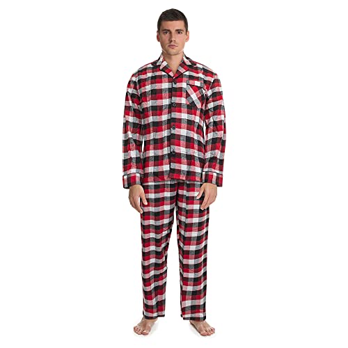 Men’s Flannel Pajama Set By Hanes- 100% Cotton 2-Piece Comfortable Men’s Sleepwear Set With Flannel Pants & Long-Sleeve Flannel Shirt- Warm & Breathable Lounge Set For Men [Red Buffalo]