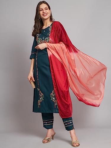Image of VredeVogel Women's Cotton Blend Kurta Pant Set with Chanderi Silk Dupatta