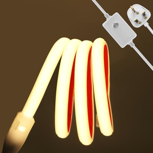 KISUFU Dimmable COB Neon LED Strip 288 LEDs/m, 220V Flexible Light Ribbon,IP65 Waterproof Rope Light,Self-Adhesive Tape for Outside/Indoor Home Decoration UK Plug Supply