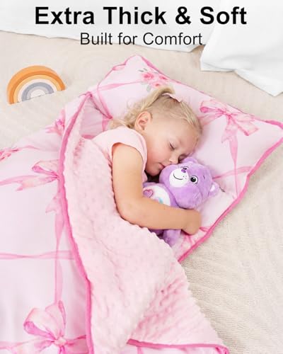 Image of Primlect Thickened Toddler Nap Mat with Removable Pillow and Minky Blanket, Extra Large 55''x35'' Sleeping Bag, Washable, Roll up, Perfect for Daycare, Preschool, Kindergarten, Boys and Girls Bow