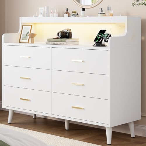 REAHOME 47.2' Wooden Dresser for Bedroom with Charging Station and LED Lights, Modern Makeup Vanity...