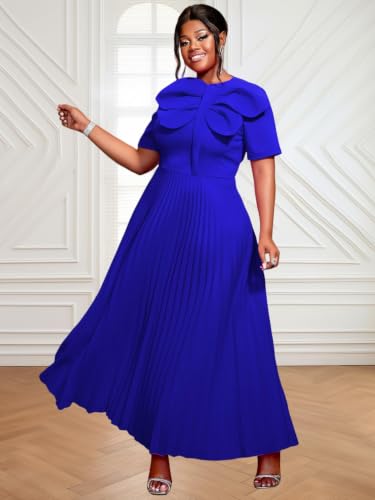 Image of AOMEI Casual Church Dresses for Women 2026 Summer Pleated Short Sleeve Round Neck Dragonfly Spring Maxi Dress