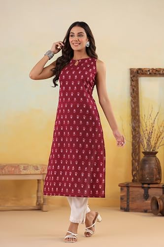 Image of Ichaa Women's All-Over Printed Sleeveless Kurta | Regular Fit Ethnic Kurta | Round Neck Straight Fit Kurta