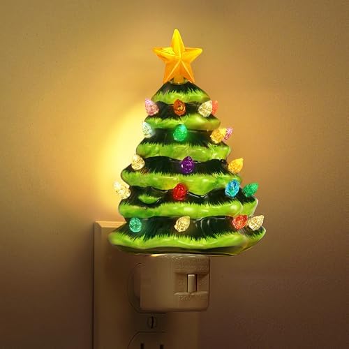 L LOHAS LED Christmas Tree Night Light, Ceramic Night Lights for Kids, Colored Bulbs Nightlight with Switch, Ideal for 360 Degree Rotatable Night Light for Christmas Decoration