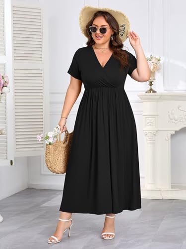Image of BELAROI Womens Plus Size Maxi Dress Summer Wrap V Neck Flowy Long Sundress Beach Dresses with Pockets