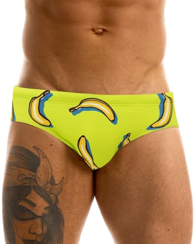 MIZOK Men's Hot Body Quick Dry Swimsuit Briefs Sexy Prints Swimwear Bikini Yellow Banana XL