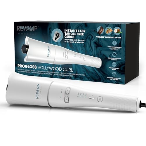 REVAMP Progloss Hollywood Curl Automatic Rotating Hair Curler - Curling Iron with Ionic Jet Technology and Ceramic Barrel, Ultra-Fast Heat Up and Heat Recovery, Frizz-Free, Amazon Exclusive - White