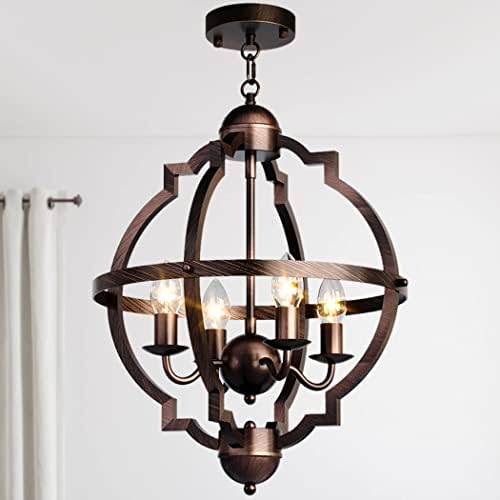 Farmhouse orb Steel Chandelier，4-Mild Classic Handmade Rustic Wooden Pendant Hanging Mild Fixture for Kitchen Island Eating Room Residing Room Bed room Lobby Hallway