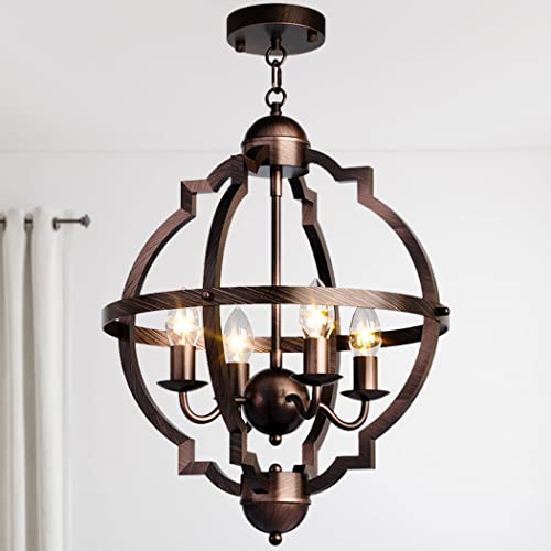 Farmhouse Orb Metal Chandelier，4-Light Vintage Handmade Rustic Wood Pendant Hanging Light Fixture For Kitchen Island Dining Room Living Room Bedroom Foyer Hallway #TOP19
