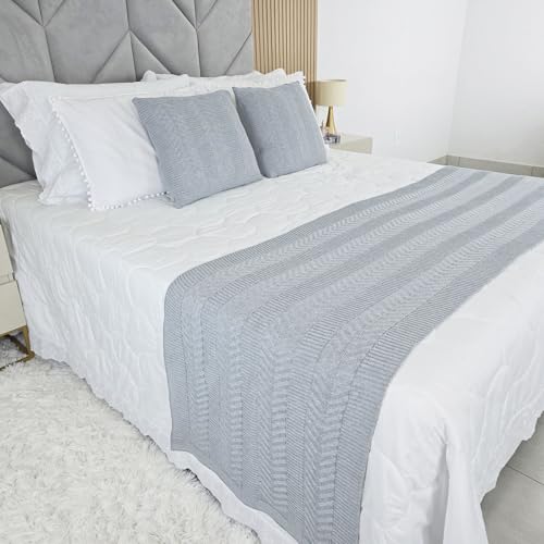 Kit Peseira Manta Tricot Cama Casal King Links + 2 Capas Almofadas (Cinza Prata)
