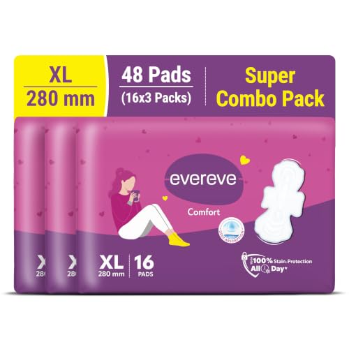 Image of Evereve Comfort Sanitary Pads for Women, XL 280mm, Thick Soft Fabric, Breathable Rash Free-Wear, Deep Absorption, Long Lasting Comfort, All Day Freshness, Best for Day Use, Pack of 16x3