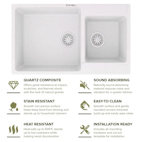 Image of EVANEX Quartz Kitchen Sink|Double Bowl Sink for Kitchen|Topmount /Undermount Kitchen Sinks|Rosa Double Sink with Connector, Waste Pipe, Coupling and Drain Basket|34x20x9 Granite Kitchen Sinks