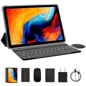PRITOM Tablet Touch 10 Plus de 10 polegadas, Android 14, Octa-Core, WI-FI 6, dois em um tablet de 64 GB com teclado, uma capa personalizada, carregador e mouse, Blue_Tooth, câmera dupla, tela HD IPS,