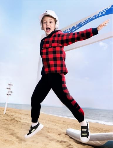 Image of Toddler Boy Clothes Plaid Hooded Shirt White T-shirt Top and Solid Color Pants 3Pcs Winter Boys Clothes