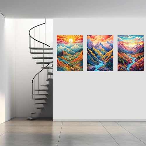 Poster géant mural montagne abstrait jaune bleu peinture triptyque
