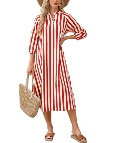 Image of YEXPINE Women Summer Striped Button Down Long Maxi Dress Loose Fit 3 /4 Sleeve Cotton Caftan Shirt Dress with Pocket