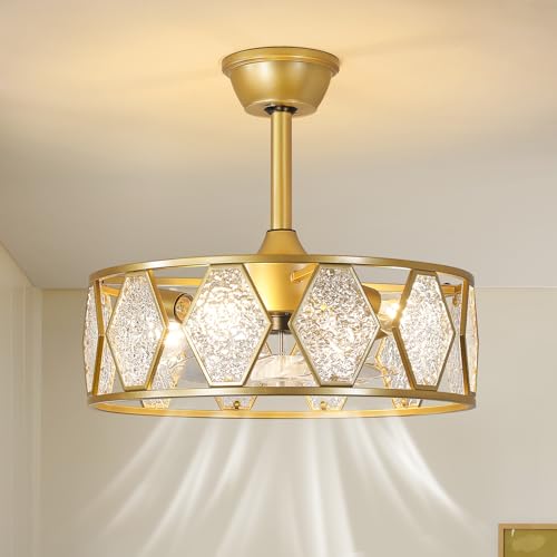 Image of Gold Fandelier Ceiling Fans with Lights, 18.9 inch Gold Chandelier Ceiling Fan with Light Remote Control, Caged Mid-Century with 6 Speeds for Bedroom, Nursery, Living Room
