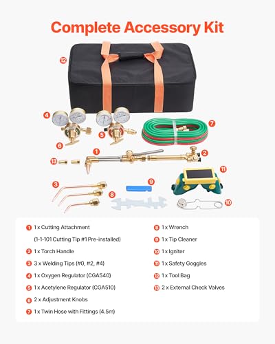Image of VEVOR Oxygen Acetylene Torch Kit with Check Valves, Gas Welding Cutting Torch Kit, Heavy Duty Oxy Acetylene Brazing Set with 15FT Twin-Hose, 1 Cutting Tip, 3 Welding Tips, 2 Gas Regulators & Tool Bag