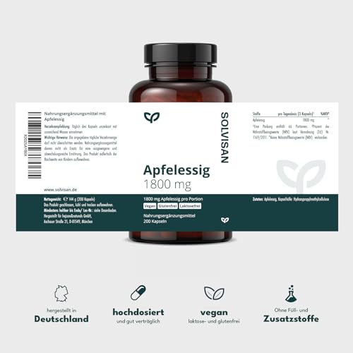 SOLVISAN - Apfelessig Kapseln - 1.800 mg pro Tagesdosis - 200 Kapseln - In Deutschland produziert - Vegan, Laborgeprüft und ohne Zusatzstoffe