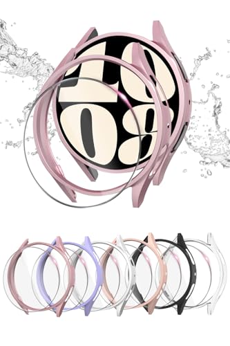Yaekea 6+6 Pack Accessories Compatible with Samsung Galaxy Watch 6 Screen Protector Case 44mm + HD Ultra-thin Tempered Protective Film, Hard PC Bumper Waterproof Face Cover Set for Galaxy Watch 6 44mm Women/Men