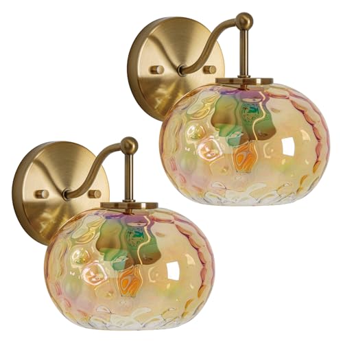 Image of Modern Iridescent Glass Wall Sconce Gold Brass Wall Light Set of 2 Hammered Amber Glass Vanity Light for Bedroom Hallway Living Room Stairwell Bathroom Over Mirror
