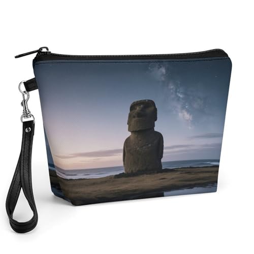 Bolsa de maquillaje de la Isla de Pascua en piel sintética con asa y cremallera (8.9x2.6x5.7")