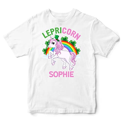 Personalised Leprechaun Unicorn Girls T Shirt St Patricks Day Kids Tee Irish Ireland Paddys Day Top, 5-6 Years, White