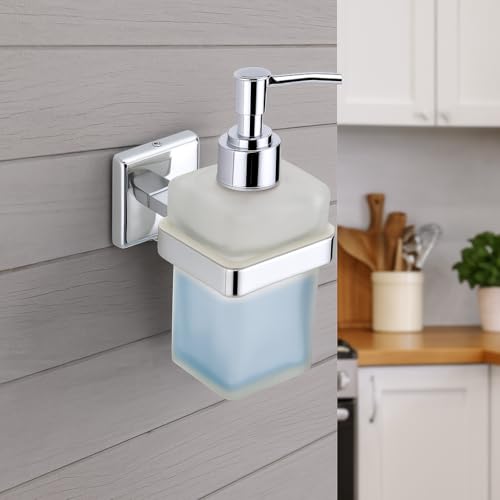 Image of Premium Wall Mounted Liquid Soap Dispenser - 304 Stainless Steel Holder with Frosted Glass Bottle | Rust-Proof Hand Wash Pump for Bathroom, Kitchen, & Wash Basin (Square 27N)