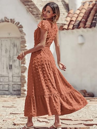 Image of PRETTYGARDEN Womens Dresses 2026 Summer Maxi Dress Boho Short Sleeve V Neck Swiss Dot Ruffle Tiered Smocked Flowy Long Dress