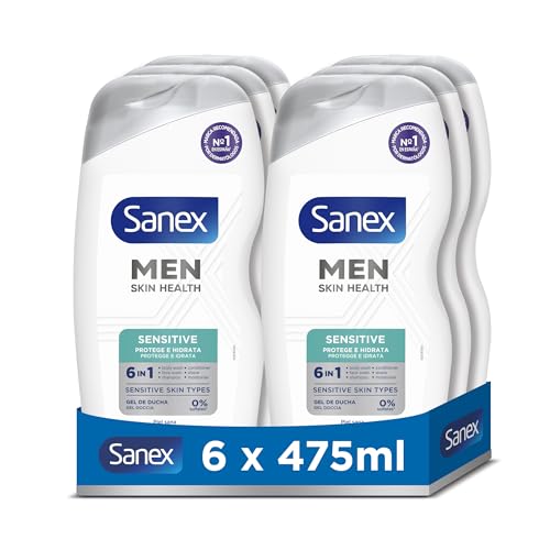 Sanex Men Skin Health Sensitive Gel de Ducha, Pack 6 Uds x 475ml, Gel de Baño para Hombres, Protege...