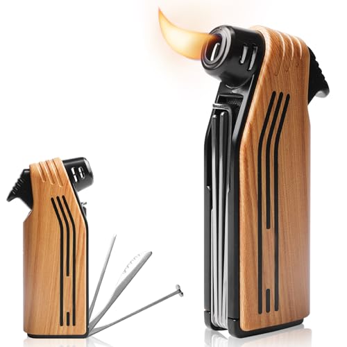 Pfeifenfeuerzeug mit Schrägflamme und Integriertem Pfeifenbesteck, Nachfüllbares Gasfeuerzeug mit Pfeifenstopfer für Tabak, Verkauft ohne Gas,...