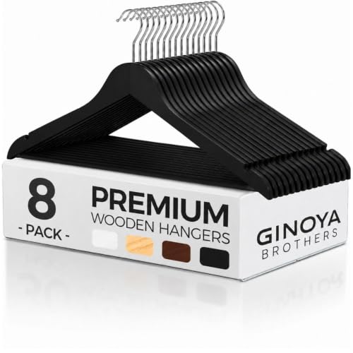 Image of GINOYA BROTHERS Walnut Wooden Suit Hangers 24 Pack with Non Slip Pants Bar - Smooth Finish Solid Wood Coat Hanger for Camisole, Jacket, Pant, Dress Clothes Hangers (Black: 8)