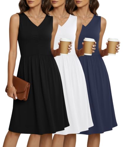 Image of NILOUFO Sleeveless Dress for Women Summer Knee Length Sundress with Pockets | Sundresses for Women Tank Empire Waist Sun Dress Cold Shoulder Casual V Neck Midi Dress Flowy Summer Dresses for Women